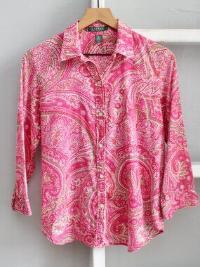 Ralph Lauren Pink Multicolor Paisley Button-Up 3/4 Sleeves Shirt Size Medium